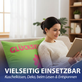 Kissen Glückskissen 40x25cm grün rot Baumwolle 180g Polyesterfüllung Reißverschluss Kuschelkissen einseitig bedruckt Kleeblatt
