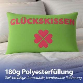 Kissen Glückskissen 40x25cm grün rot Baumwolle 180g Polyesterfüllung Reißverschluss Kuschelkissen einseitig bedruckt Kleeblatt