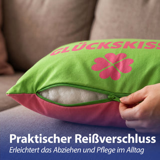 Kissen Glückskissen 40x25cm grün rot Baumwolle 180g Polyesterfüllung Reißverschluss Kuschelkissen einseitig bedruckt Kleeblatt