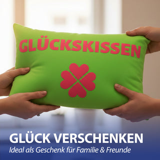 Kissen Glückskissen 40x25cm grün rot Baumwolle 180g Polyesterfüllung Reißverschluss Kuschelkissen einseitig bedruckt Kleeblatt