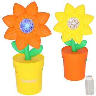 Seifenblasen Blumentopf gelb orange 13,5x31x15cm Kunststoff 55ml Seifenblasenmaschine batteriebetrieben Seifenblasenstab Seifenblasenlösung LED blau batteriebetrieben