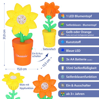 Seifenblasen Blumentopf gelb orange 13,5x31x15cm Kunststoff 55ml Seifenblasenmaschine batteriebetrieben Seifenblasenstab Seifenblasenlösung LED blau batteriebetrieben