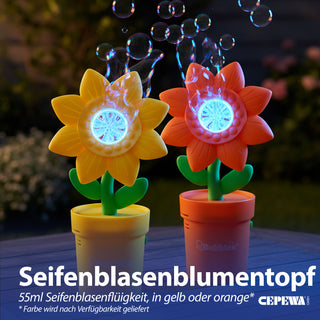 Seifenblasen Blumentopf gelb orange 13,5x31x15cm Kunststoff 55ml Seifenblasenmaschine batteriebetrieben Seifenblasenstab Seifenblasenlösung LED blau batteriebetrieben