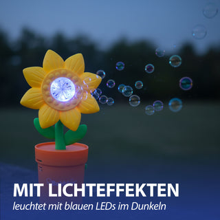 Seifenblasen Blumentopf gelb orange 13,5x31x15cm Kunststoff 55ml Seifenblasenmaschine batteriebetrieben Seifenblasenstab Seifenblasenlösung LED blau batteriebetrieben
