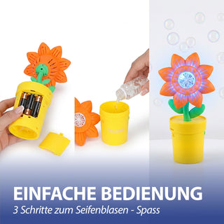 Seifenblasen Blumentopf gelb orange 13,5x31x15cm Kunststoff 55ml Seifenblasenmaschine batteriebetrieben Seifenblasenstab Seifenblasenlösung LED blau batteriebetrieben