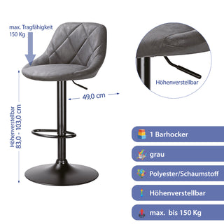 1/2x Barhocker Lounge gepolstert grau 49x103x47cm Polyester Eisen Hocker höhenverstellbar Tragkraft 150 Kg Barzubehör Barstuhl Stuhl Tresenhocker