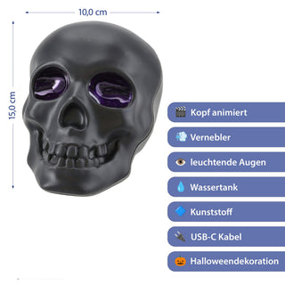 LED Totenkopf Vernebler Leuchtaugen lila 10x15x11cm Kunststoff schwarz Wassertank USB-C Kabel Schädel Halloweendekoration Nebeleffekt