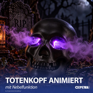 LED Totenkopf Vernebler Leuchtaugen lila 10x15x11cm Kunststoff schwarz Wassertank USB-C Kabel Schädel Halloweendekoration Nebeleffekt