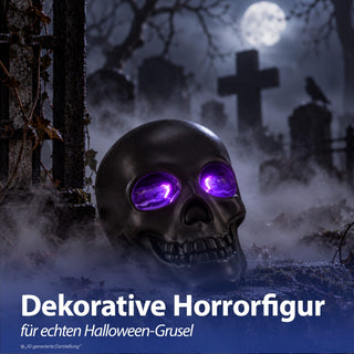 LED Totenkopf Vernebler Leuchtaugen lila 10x15x11cm Kunststoff schwarz Wassertank USB-C Kabel Schädel Halloweendekoration Nebeleffekt