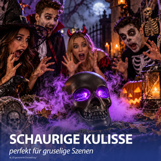 LED Totenkopf Vernebler Leuchtaugen lila 10x15x11cm Kunststoff schwarz Wassertank USB-C Kabel Schädel Halloweendekoration Nebeleffekt