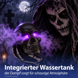 LED Totenkopf Vernebler Leuchtaugen lila 10x15x11cm Kunststoff schwarz Wassertank USB-C Kabel Schädel Halloweendekoration Nebeleffekt