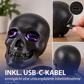 LED Totenkopf Vernebler Leuchtaugen lila 10x15x11cm Kunststoff schwarz Wassertank USB-C Kabel Schädel Halloweendekoration Nebeleffekt