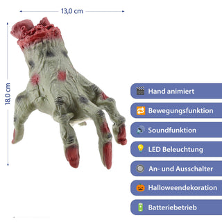 LED Laufende Zombi-Hand Licht Sound Bewegung 13x18x17cm TPR PP batteriebetrieben leuchtend blutige abgetrennte Hand Horrordekoration Gruseleffekt animiert