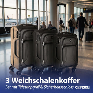 Kofferset 3er Set Stoff Farbwahl 3 Größen Nylon Teleskopstange Doppelrolle Zahlenschloss Koffer Weichschalenkoffer Softkoffer Kunstfaser