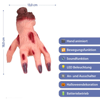 LED Laufende Grusel-Hand Licht Sound Bewegung 13x18x17cm TPR PP batteriebetrieben leuchtend blutige abgetrennte Hand Horrordekoration Gruseleffekt animiert