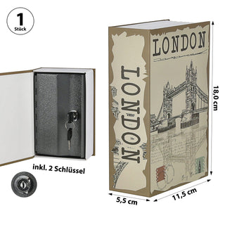 Tresor Buch London 11,5x18x5,5cm Metall Papier 2 Schlüssel Buchsafe Geldversteck Minitresor Versteck für Wertsachen