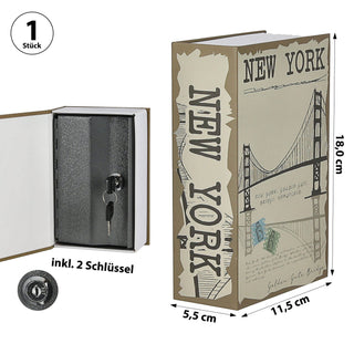 Tresor Buch New York 11,5x18x5,5cm Metall Papier 2 Schlüssel Buchsafe Geldversteck Minitresor Versteck für Wertsachen