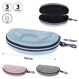 Brillenetui 3er Set Leinenoptik Reißverschluss PVC 15x6x3cm hellblau hellgrau rosa Etui Brillenbox Hartschalenetui Schutzbox Aufbewahrungsbox