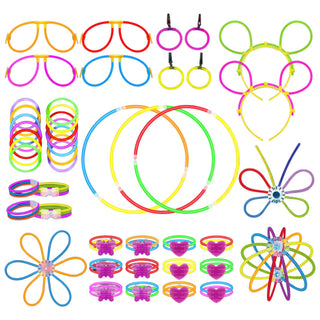 Knicklichter Party Set 230tlg. 7 Neon-Farben H20cm Kunststoff 4 Ohrringe 2 Haarreife 100 Verbinder für Brille Ball Herz Schmetterling