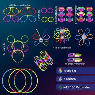 Knicklichter Party Set 230tlg. 7 Neon-Farben H20cm Kunststoff 4 Ohrringe 2 Haarreife 100 Verbinder für Brille Ball Herz Schmetterling
