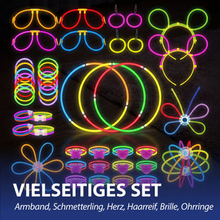 Knicklichter Party Set 230tlg. 7 Neon-Farben H20cm Kunststoff 4 Ohrringe 2 Haarreife 100 Verbinder für Brille Ball Herz Schmetterling