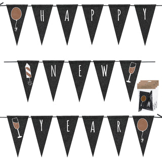 Girlande Happy New Year 3er Set Länge 2,8m Polyesterfilz Wimpelkette Fahne Metallprint Silvester Ballon Rakete Sektglas