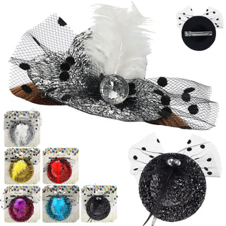 Mini Glitzerhut mit Feder 12er Set ca. 7cm 6 Farben Metallklammer Hut klein Motto-Party JGA Silvester Mini-Zylinder Partyhut