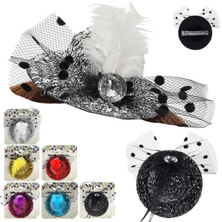 Mini Glitzerhut mit Feder 12er Set ca. 7cm 6 Farben Metallklammer Hut klein Motto-Party JGA Silvester Mini-Zylinder Partyhut