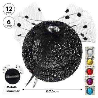 Mini Glitzerhut mit Feder 12er Set ca. 7cm 6 Farben Metallklammer Hut klein Motto-Party JGA Silvester Mini-Zylinder Partyhut