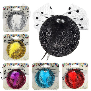 Mini Glitzerhut mit Feder 12er Set ca. 7cm 6 Farben Metallklammer Hut klein Motto-Party JGA Silvester Mini-Zylinder Partyhut
