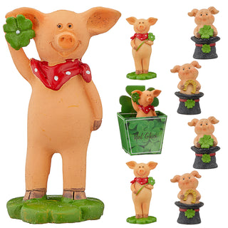 Glücksschwein 'Viel Glück' Geschenkbox 8er Set 4fach sortiert 3x7cm Polyresin Silvester Neujahr Schwein Hufeisen Kleeblatt Glücksbringer