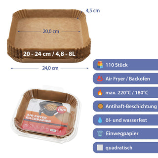 Backpapier für Air Fryer und Backofen 20-24cm 110Stück quadratisch (24x24x4,5cm) | rechteckig (20x14x4,5cm)  öl-&wasserfest beschichtet ungebleicht antihaft Heißluftfritteuse