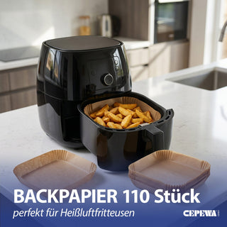 Backpapier für Air Fryer und Backofen 20-24cm 110Stück quadratisch (24x24x4,5cm) | rechteckig (20x14x4,5cm)  öl-&wasserfest beschichtet ungebleicht antihaft Heißluftfritteuse