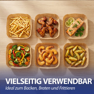 Backpapier für Air Fryer und Backofen 20-24cm 110Stück quadratisch (24x24x4,5cm) | rechteckig (20x14x4,5cm)  öl-&wasserfest beschichtet ungebleicht antihaft Heißluftfritteuse