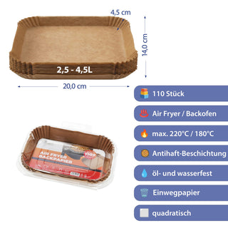 Backpapier für Air Fryer und Backofen 20-24cm 110Stück quadratisch (24x24x4,5cm) | rechteckig (20x14x4,5cm)  öl-&wasserfest beschichtet ungebleicht antihaft Heißluftfritteuse