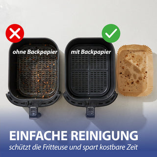 Backpapier für Air Fryer und Backofen 20-24cm 110Stück quadratisch (24x24x4,5cm) | rechteckig (20x14x4,5cm)  öl-&wasserfest beschichtet ungebleicht antihaft Heißluftfritteuse