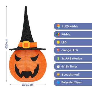LED Halloween Hexen Kürbiskopf Ø30x60cm Polyester Eisen 8 Leuchtmodi 25 LEDs orange schwarz batteriebetrieben Timerfunktion Halloweendekoration Kürbisgesicht