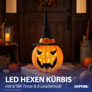 LED Halloween Hexen Kürbiskopf Ø30x60cm Polyester Eisen 8 Leuchtmodi 25 LEDs orange schwarz batteriebetrieben Timerfunktion Halloweendekoration Kürbisgesicht