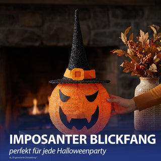 LED Halloween Hexen Kürbiskopf Ø30x60cm Polyester Eisen 8 Leuchtmodi 25 LEDs orange schwarz batteriebetrieben Timerfunktion Halloweendekoration Kürbisgesicht