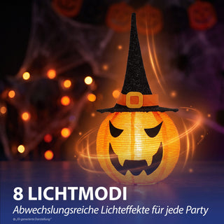 LED Halloween Hexen Kürbiskopf Ø30x60cm Polyester Eisen 8 Leuchtmodi 25 LEDs orange schwarz batteriebetrieben Timerfunktion Halloweendekoration Kürbisgesicht