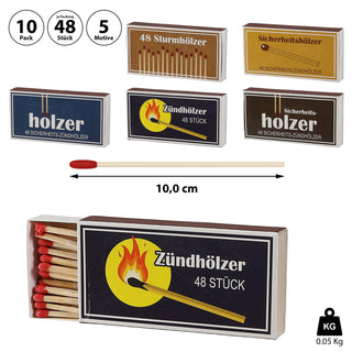 Streichhölzer 10er Pack à 48 Stück 5 Motive 10cm Karton Zündhölzer Sturmhölzer Sicherheitshölzer Streichholzschachtel Anzünder