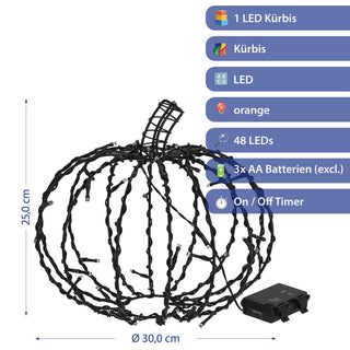 LED Kürbis zum Aufhängen schwarz 48 LEDs warmweiß Ø30cm Eisen Kunststoff Timerfunktion IP44 Drahtkürbis Halloweenbeleuchtung Gartendeko