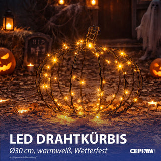 LED Kürbis zum Aufhängen schwarz 48 LEDs warmweiß Ø30cm Eisen Kunststoff Timerfunktion IP44 Drahtkürbis Halloweenbeleuchtung Gartendeko