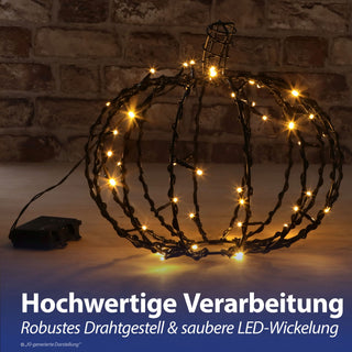 LED Kürbis zum Aufhängen schwarz 48 LEDs warmweiß Ø30cm Eisen Kunststoff Timerfunktion IP44 Drahtkürbis Halloweenbeleuchtung Gartendeko