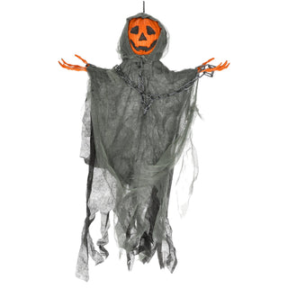 Kürbismonster zum Aufhängen 55x85x12cm PE Polyester orange schwarz Halloween Dekofigur mit Kürbiskopf im Fetzengewand Knochenhände Kette Gruselparty
