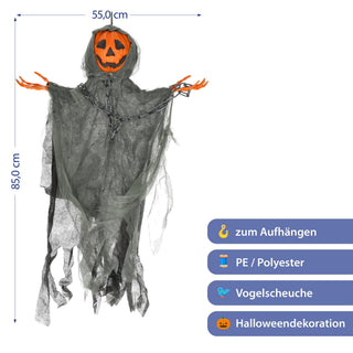 Kürbismonster zum Aufhängen 55x85x12cm PE Polyester orange schwarz Halloween Dekofigur mit Kürbiskopf im Fetzengewand Knochenhände Kette Gruselparty