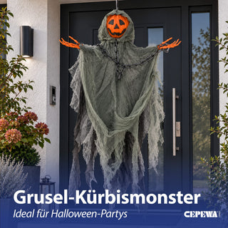 Kürbismonster zum Aufhängen 55x85x12cm PE Polyester orange schwarz Halloween Dekofigur mit Kürbiskopf im Fetzengewand Knochenhände Kette Gruselparty