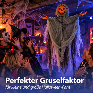 Kürbismonster zum Aufhängen 55x85x12cm PE Polyester orange schwarz Halloween Dekofigur mit Kürbiskopf im Fetzengewand Knochenhände Kette Gruselparty