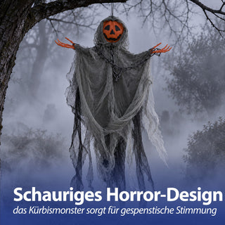 Kürbismonster zum Aufhängen 55x85x12cm PE Polyester orange schwarz Halloween Dekofigur mit Kürbiskopf im Fetzengewand Knochenhände Kette Gruselparty