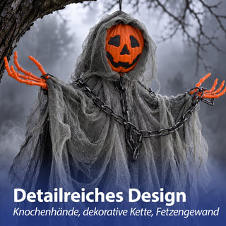 Kürbismonster zum Aufhängen 55x85x12cm PE Polyester orange schwarz Halloween Dekofigur mit Kürbiskopf im Fetzengewand Knochenhände Kette Gruselparty